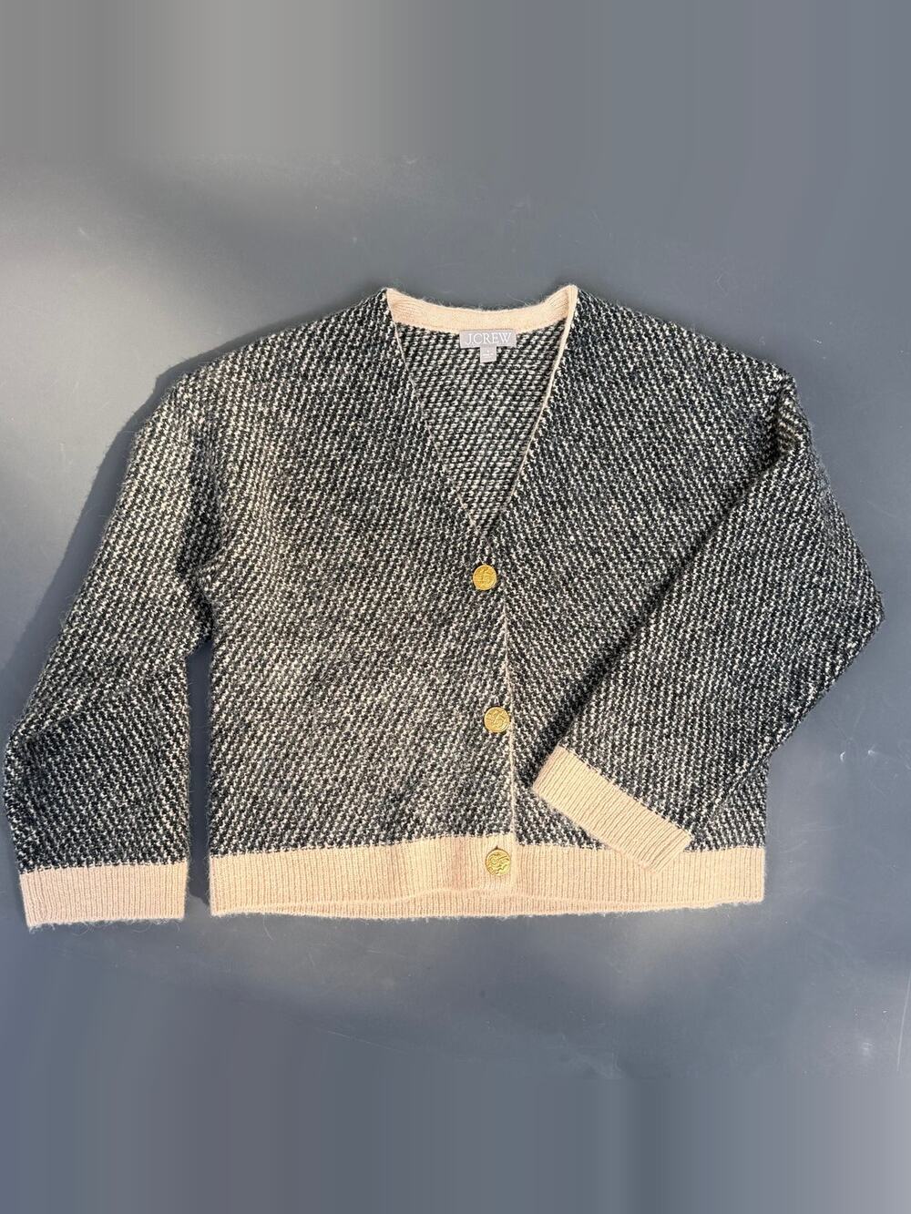 J.crew Jacquard V-neck Lady Jacket Cardigan Wool Blend Black/cream- Sz S